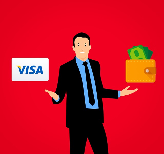 Een man in pak met een creditcard en een portemonnee naast hem