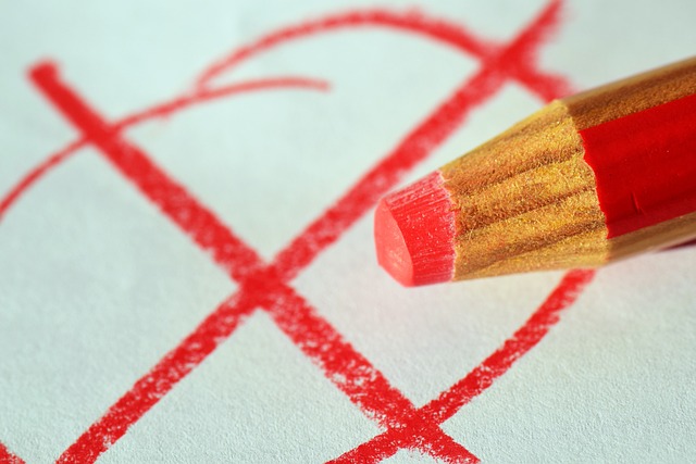 Een rood potlood boven een wit papier waarop met dat potlood een cirkel met een kruis erdoorheen is getekend.