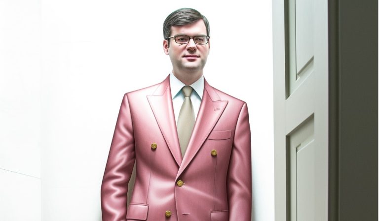 Een man met zwart haar en een bril in een roze pak